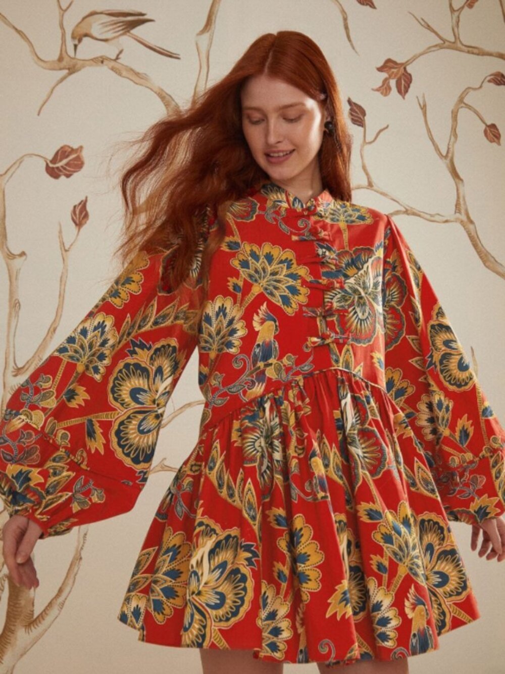 Farm Rio Red Maxi Floral Long Sleeve Mini Dress Size XL - Picture 2 of 6